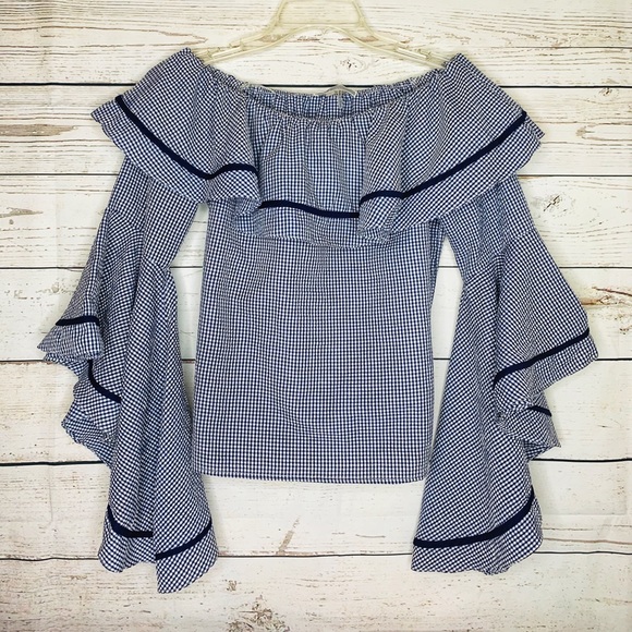 liquid Tops - Liquid by Stone Gingham Off Shoulder Bell Sleeve
